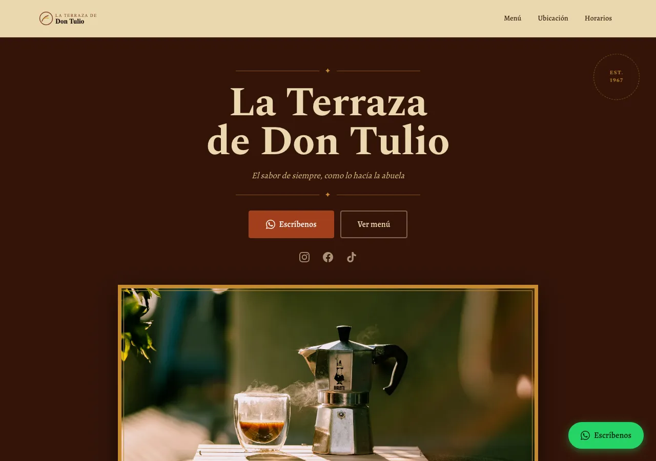 Demo La Terraza de Don Tulio: portada cálida con tipografía clásica y cafetera moka