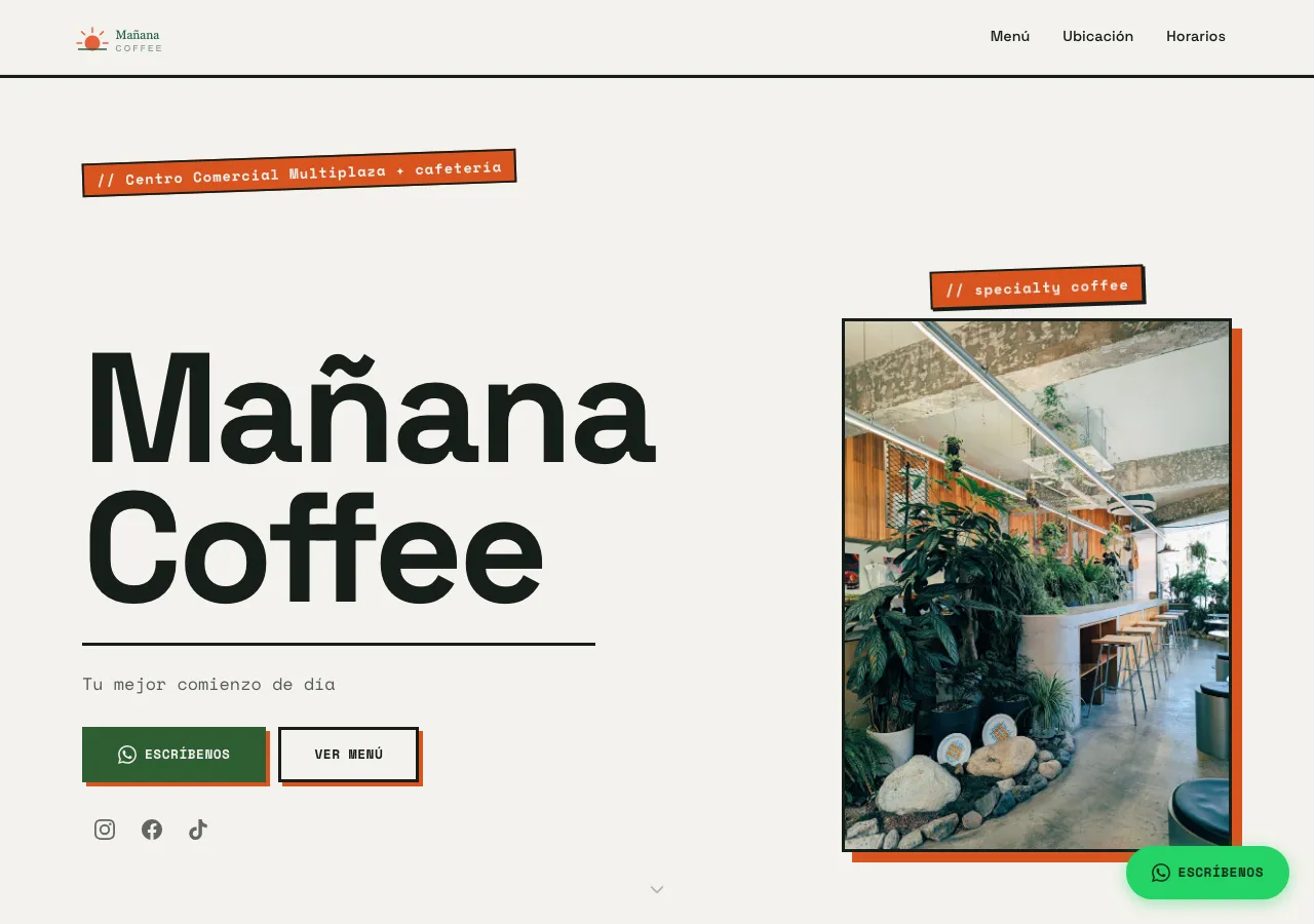Demo Mañana Coffee: portada neo-brutalista clara con stickers naranjas y foto de la cafetería