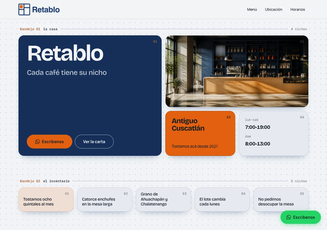 Sitio de Retablo: portada modular en azul y mandarina, con los datos repartidos en compartimentos numerados