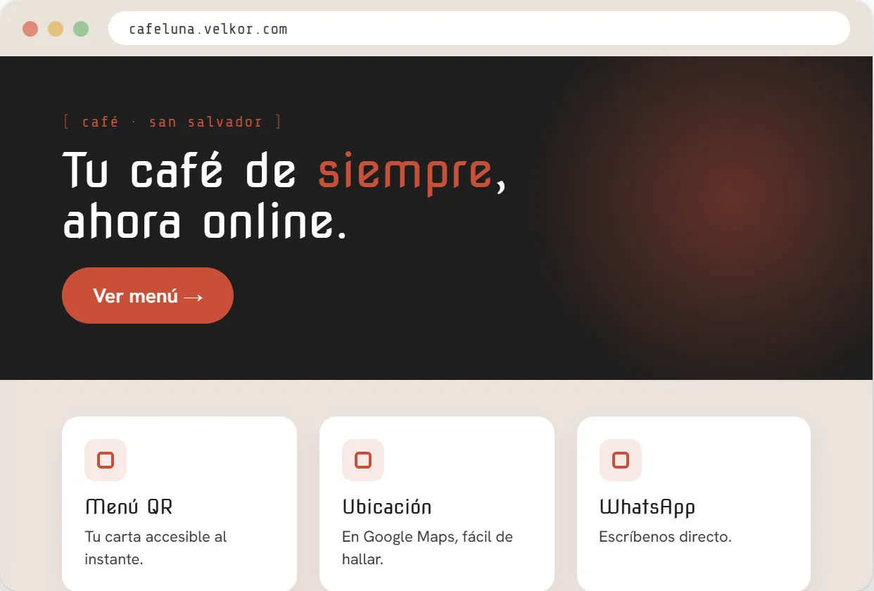 Ejemplo ilustrativo: landing de una cafetería con menú, ubicación y contacto por WhatsApp
