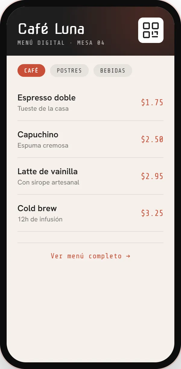Ejemplo ilustrativo: menú digital QR en el teléfono, para ver el menú al instante